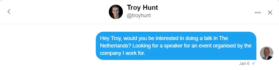 First contact: a Twitter DM to Troy Hunt